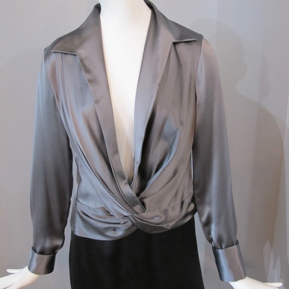Long Sleeve Grey Silk Charmeuse Blouse - Picture 1 of 4